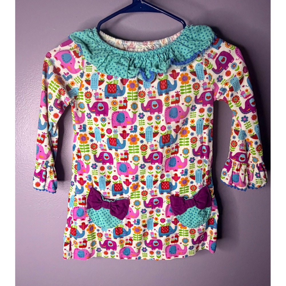 Rare‎ Editions Girls Elephant Print Dress Ruffle Collar Bow Pockets Boho Cute